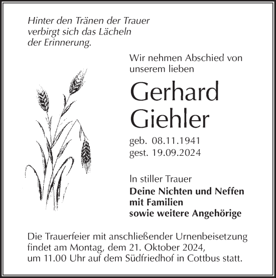 Traueranzeige von Gerhard Giehler von Lausitzer Rundschau