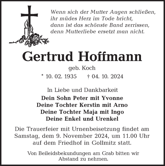 Traueranzeige von Gertrud Hoffmann von Lausitzer Rundschau