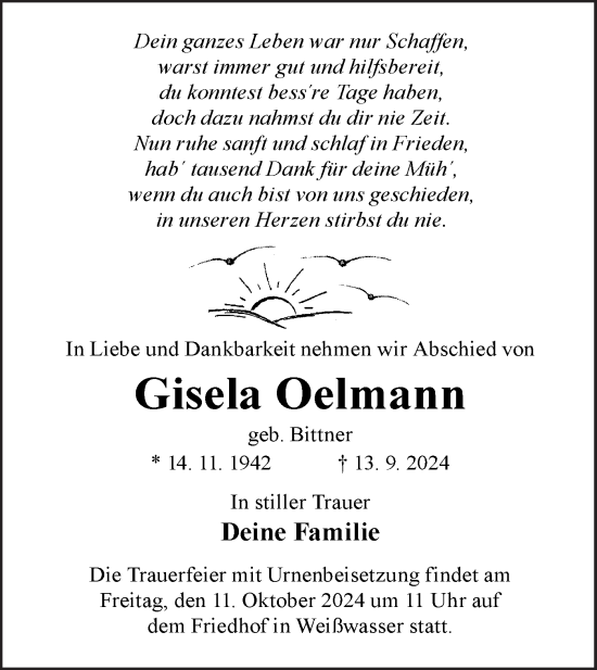 Traueranzeige von Gisela Oelmann von Lausitzer Rundschau