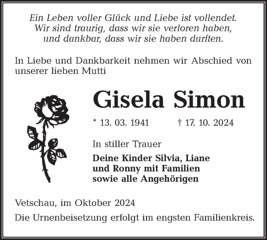 Traueranzeige von Gisela Simon von Lausitzer Rundschau