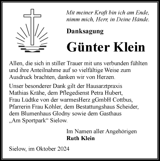 Traueranzeige von Günter Klein von Lausitzer Rundschau