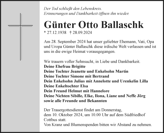 Traueranzeige von Günter Otto Ballaschk von Lausitzer Rundschau