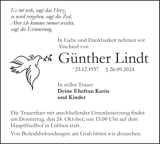 Traueranzeige von Günther Lindt von Lausitzer Rundschau