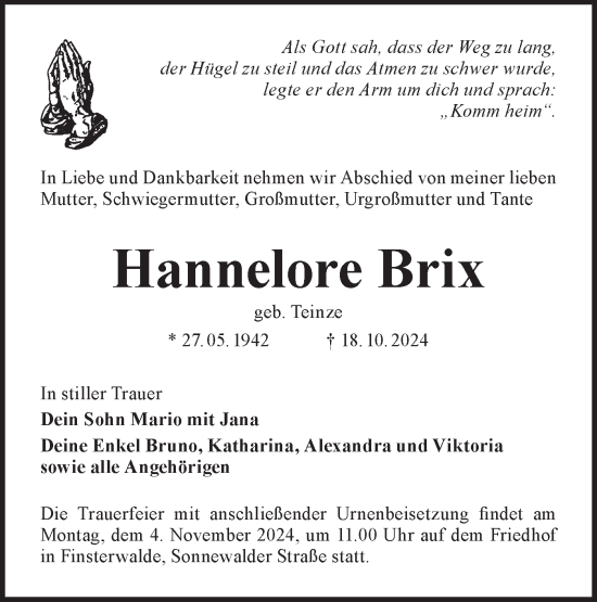 Traueranzeige von Hannelore Brix von Lausitzer Rundschau