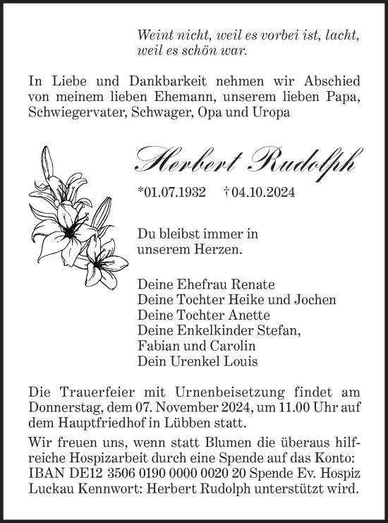 Traueranzeige von Herbert Rudolph von Lausitzer Rundschau