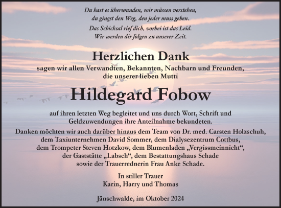 Traueranzeige von Hildegard Fobow von Lausitzer Rundschau