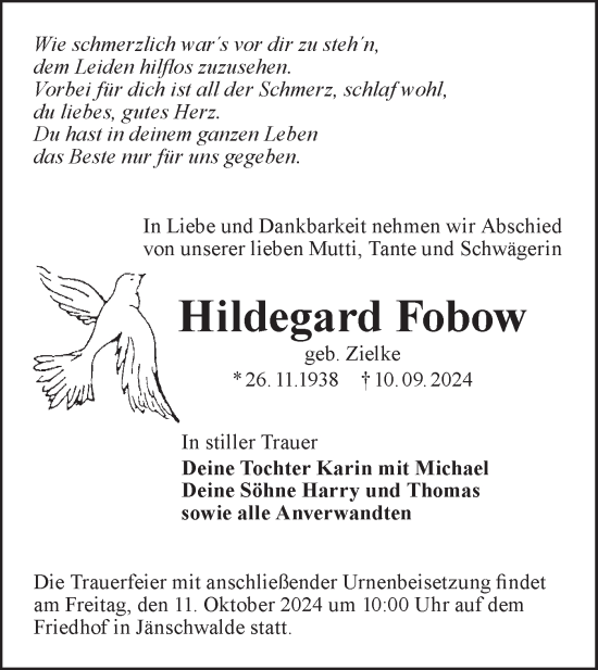 Traueranzeige von Hildegard Fobow von Lausitzer Rundschau