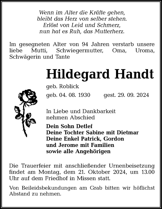 Traueranzeige von Hildegard Handt von Lausitzer Rundschau