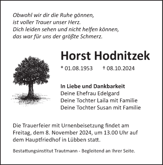 Traueranzeige von Horst Hodnitzek von Lausitzer Rundschau