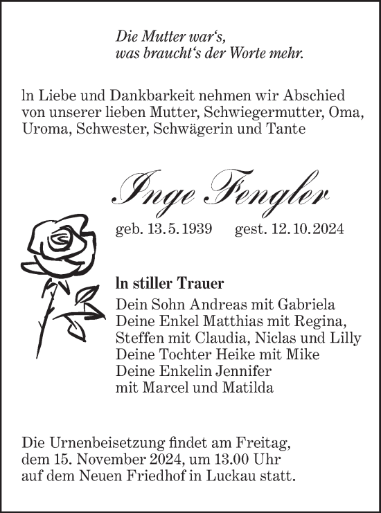 Traueranzeige von Inge Fengler von Lausitzer Rundschau