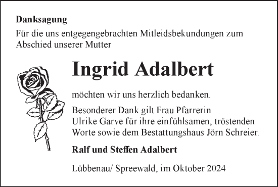 Traueranzeige von Ingrid Adalbert von Lausitzer Rundschau