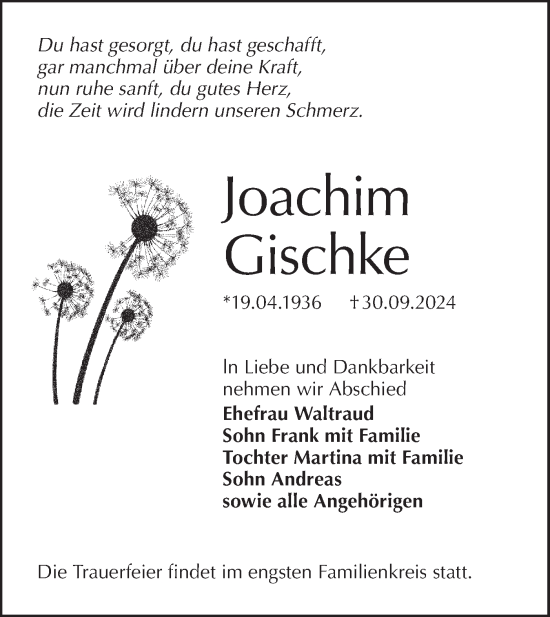 Traueranzeige von Joachim Gischke von Lausitzer Rundschau