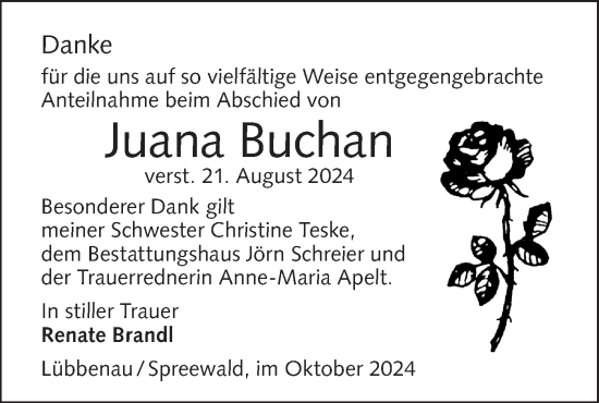 Traueranzeige von Juana Buchan von Lausitzer Rundschau