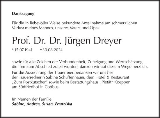 Traueranzeige von Jürgen Dreyer von Lausitzer Rundschau