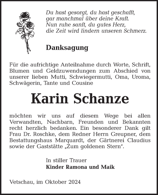 Traueranzeige von Karin Schanze von Lausitzer Rundschau