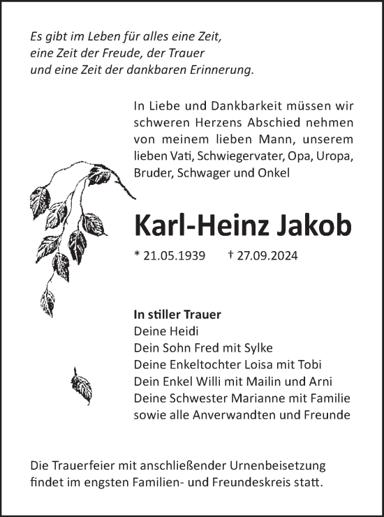 Traueranzeige von Karl-Heinz Jakob von Lausitzer Rundschau