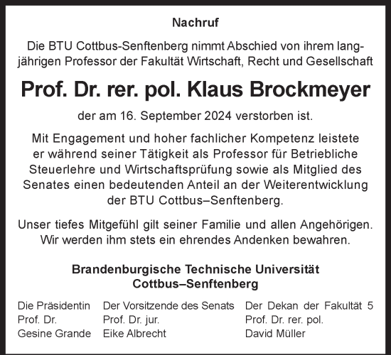 Traueranzeige von Klaus Brockmeyer von Lausitzer Rundschau