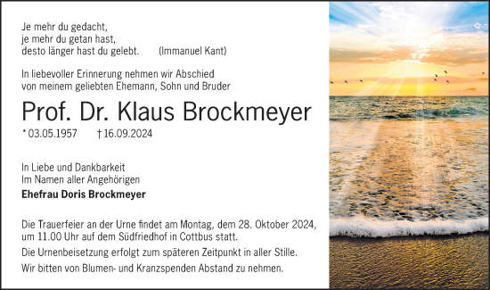 Traueranzeige von Klaus Brockmeyer von Lausitzer Rundschau