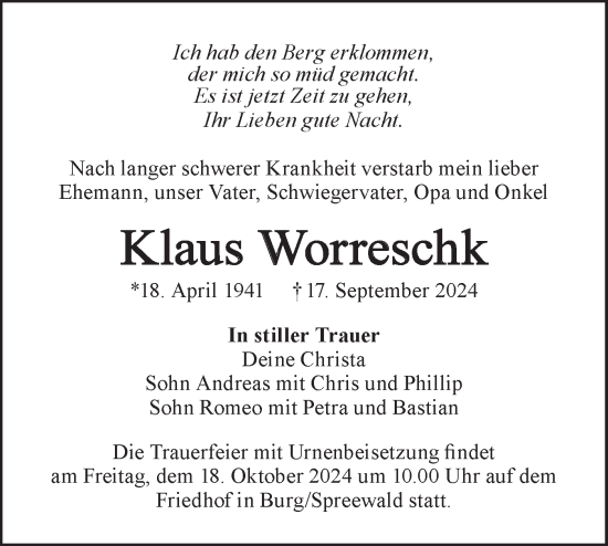 Traueranzeige von Klaus Worreschk von Lausitzer Rundschau