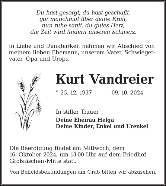 Traueranzeige von Kurt Vandreier von Lausitzer Rundschau