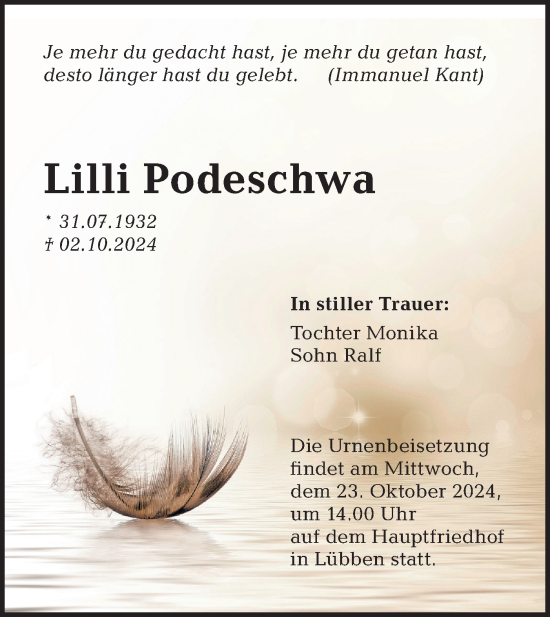 Traueranzeige von Lilli Podeschwa von Lausitzer Rundschau