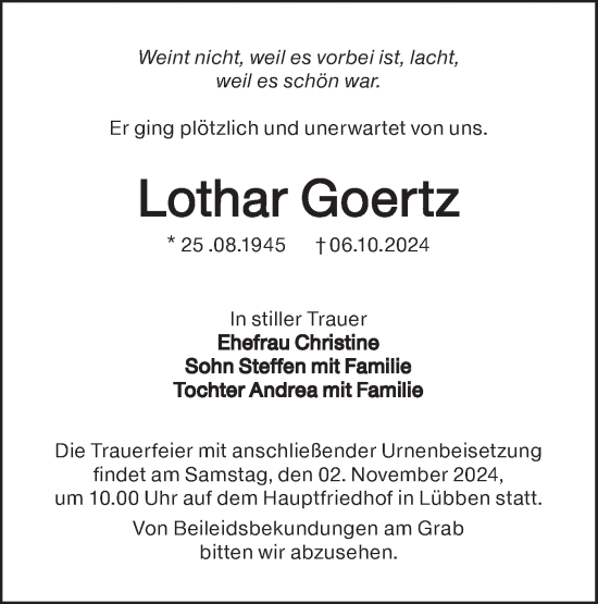 Traueranzeige von Lothar Goertz von Lausitzer Rundschau