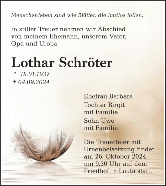 Traueranzeige von Lothar Schröter von Lausitzer Rundschau