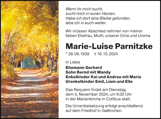 Traueranzeige von Marie-Luise Parnitzke von Lausitzer Rundschau