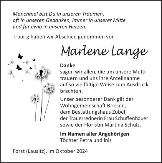 Traueranzeige von Marlene Lange von Lausitzer Rundschau