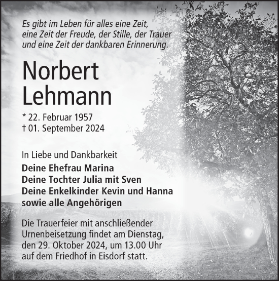 Traueranzeige von Norbert Lehmann von Lausitzer Rundschau