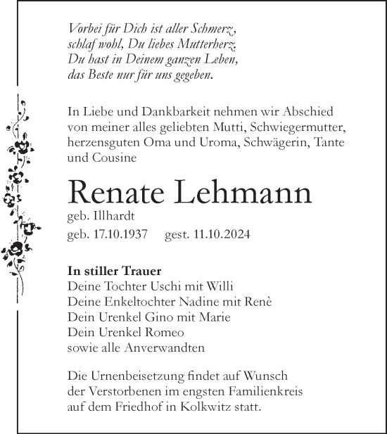 Traueranzeige von Renate Lehmann von Lausitzer Rundschau