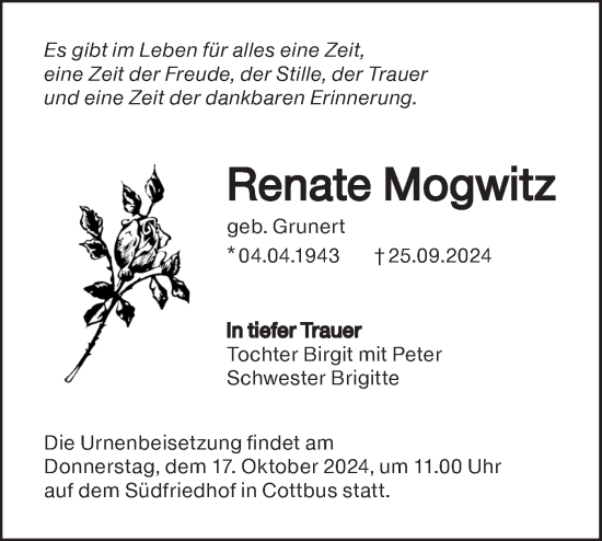 Traueranzeige von Renate Mogwitz von Lausitzer Rundschau