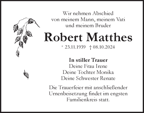 Traueranzeige von Robert Matthes von Lausitzer Rundschau