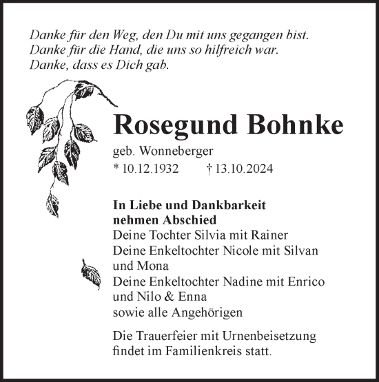 Traueranzeige von Rosegund Bohnke von Lausitzer Rundschau