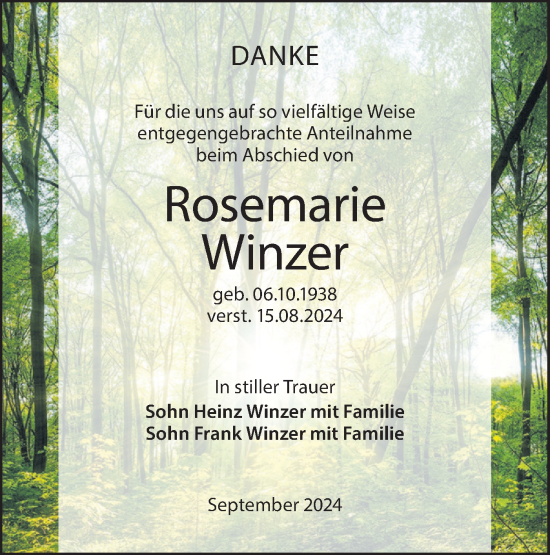 Traueranzeige von Rosemarie Winzer von Lausitzer Rundschau