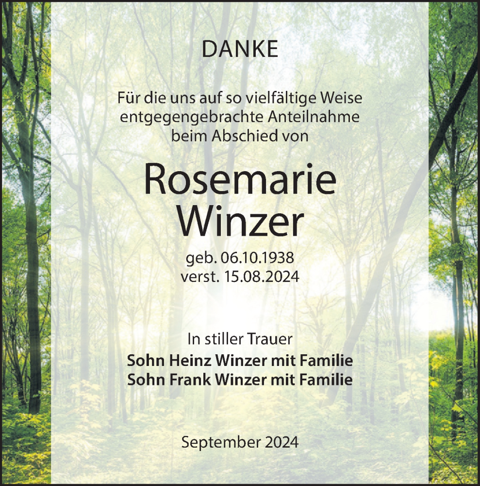  Traueranzeige für Rosemarie Winzer vom 05.10.2024 aus Lausitzer Rundschau