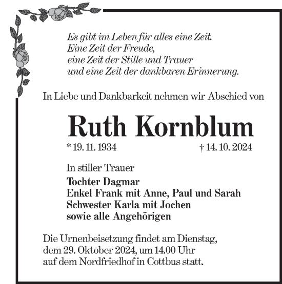 Traueranzeige von Ruth Kornblum von Lausitzer Rundschau