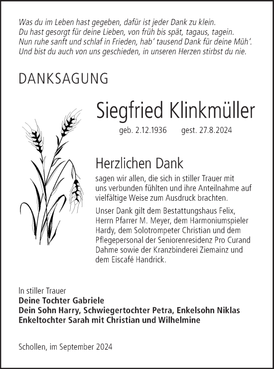 Traueranzeige von Siegfried Klinkmüller von Lausitzer Rundschau