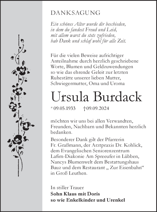 Traueranzeige von Ursula Burdack von Lausitzer Rundschau