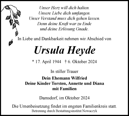 Traueranzeige von Ursula Heyde von Lausitzer Rundschau