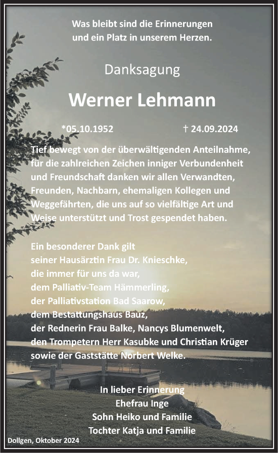 Traueranzeige von Werner Lehmann von Lausitzer Rundschau