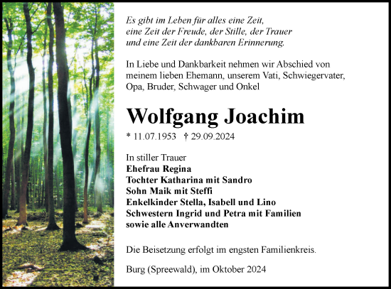 Traueranzeige von Wolfgang Joachim von Lausitzer Rundschau