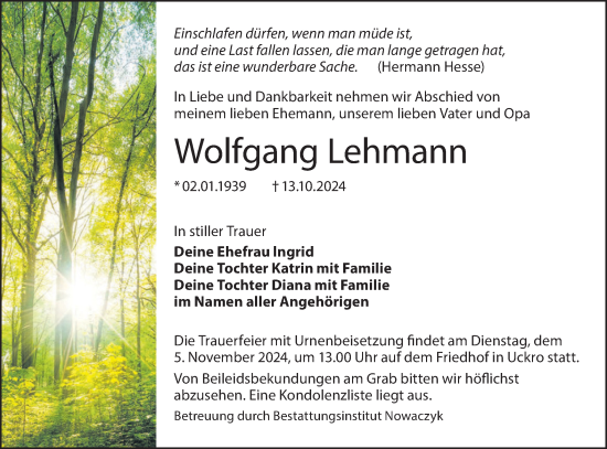 Traueranzeige von Wolfgang Lehmann von Lausitzer Rundschau