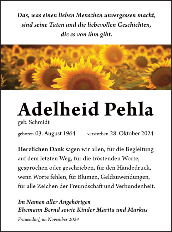 Traueranzeige von Adelheid Pehla von Lausitzer Rundschau