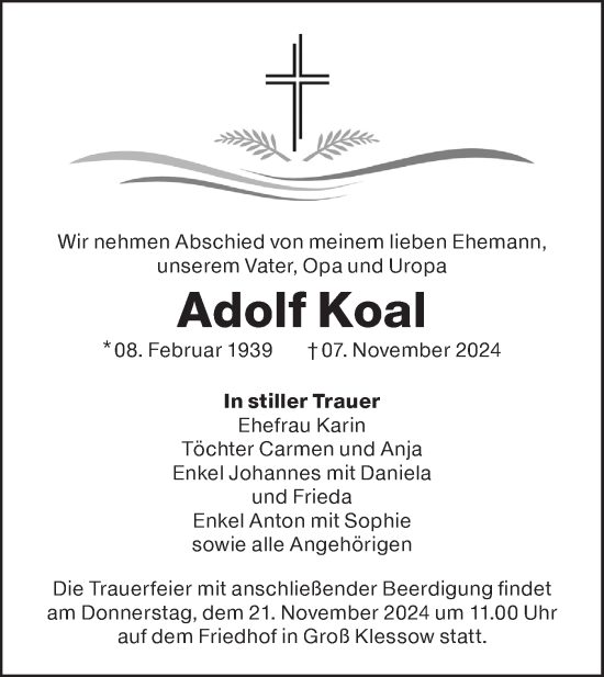 Traueranzeige von Adolf Koal von Lausitzer Rundschau