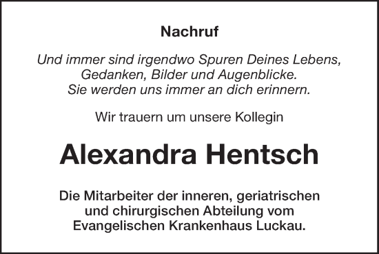 Traueranzeige von Alexandra Hentsch von Lausitzer Rundschau