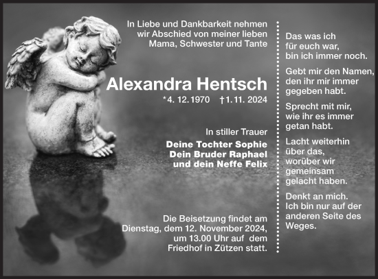 Traueranzeige von Alexandra Hentsch von Lausitzer Rundschau