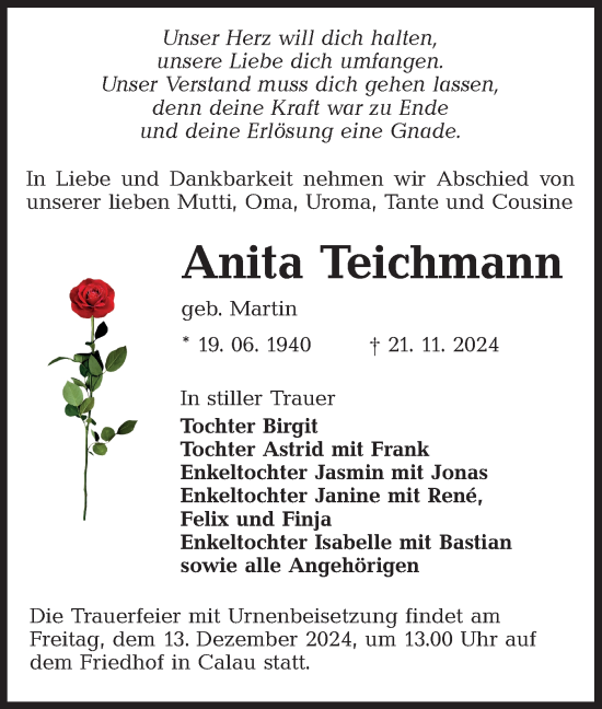 Traueranzeige von Anita Teichmann von Lausitzer Rundschau