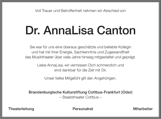 Traueranzeige von AnnaLisa Canton von Lausitzer Rundschau