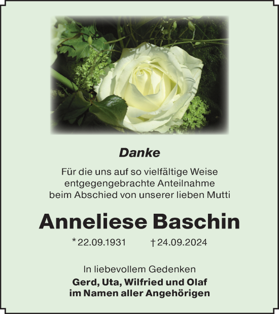 Traueranzeige von Anneliese Baschin von Lausitzer Rundschau